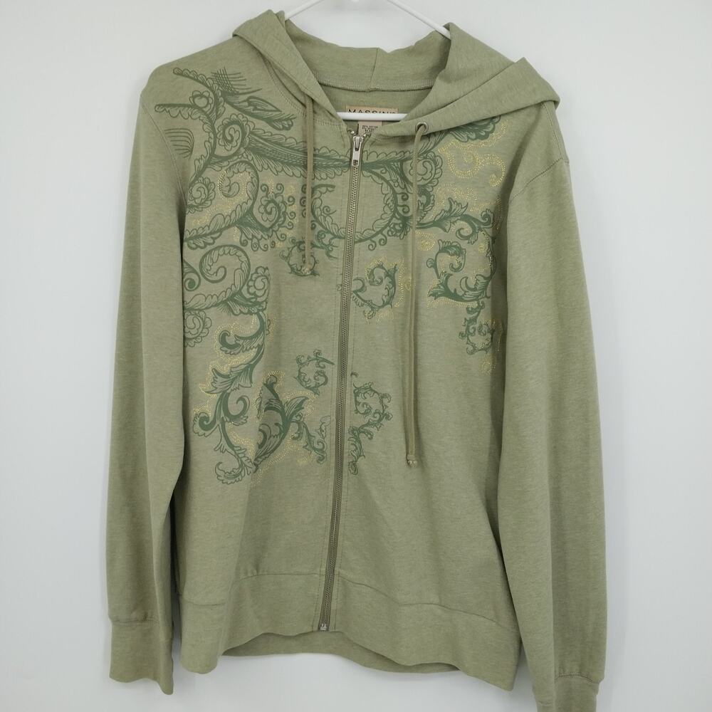 Massini Women's Zip Up Hoodie Size XL Floral Paisley Army Green Cotton Blend Y2K